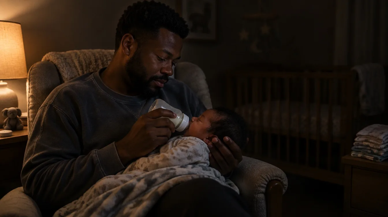 Father bottle-feeding his newborn in a glider chair during a quiet nighttime feeding