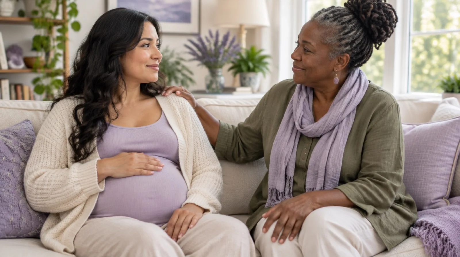 Doula resting a reassuring hand on a smiling pregnant woman's shoulder as they talk on a cream sofa in a bright Houston living room