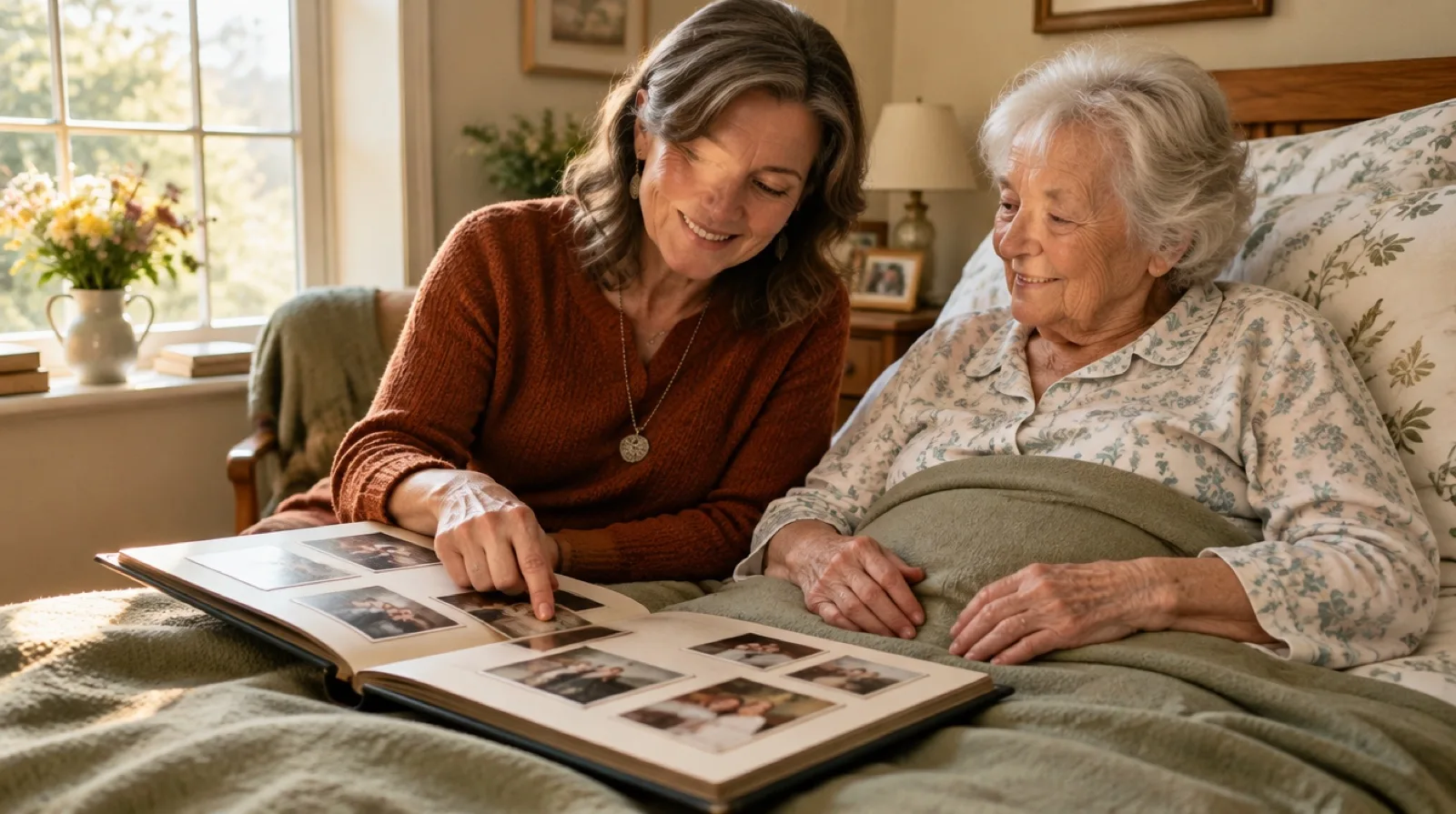 End-of-life doula sitting at the bedside of an elderly woman, the two smiling as they look through a family photo album together