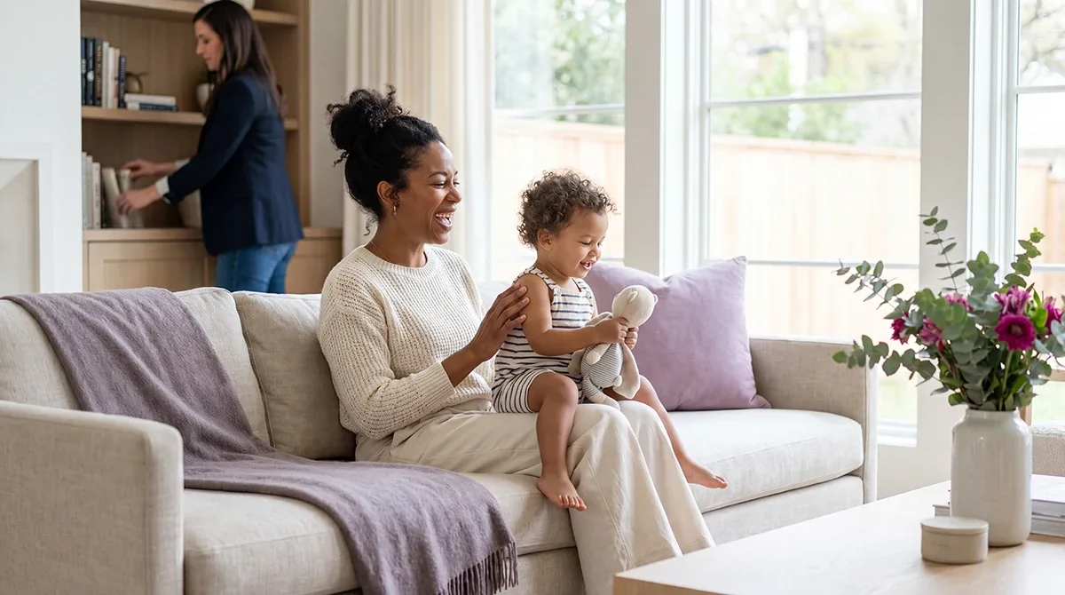 modern executive mom and child on couch
