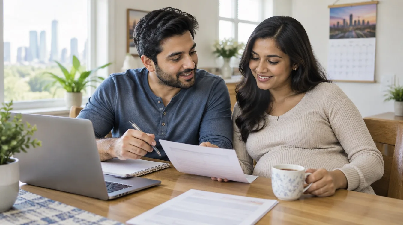 Expectant couple reviewing paternity leave and benefits paperwork together at their kitchen table