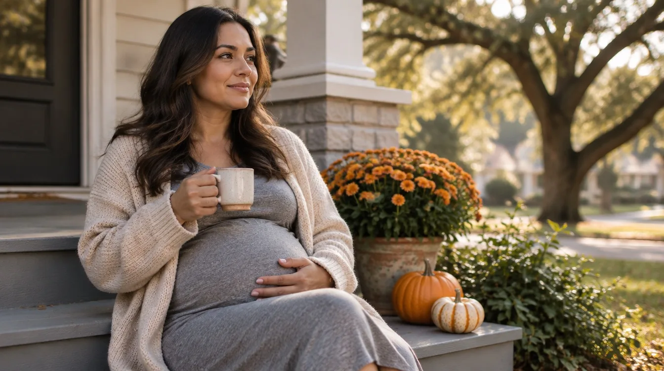 Pregnant woman in a cozy cardigan holding a coffee mug on her Houston front porch on a fall morning