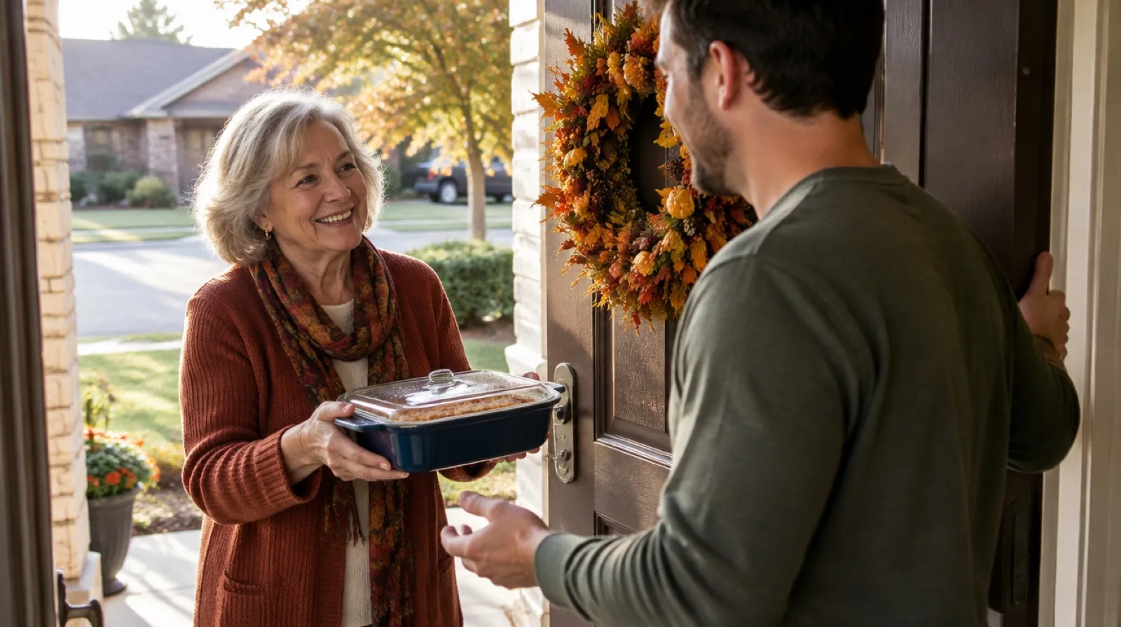 Smiling grandmother handing a covered casserole dish to a new father at the front door of a home decorated with an autumn wreath