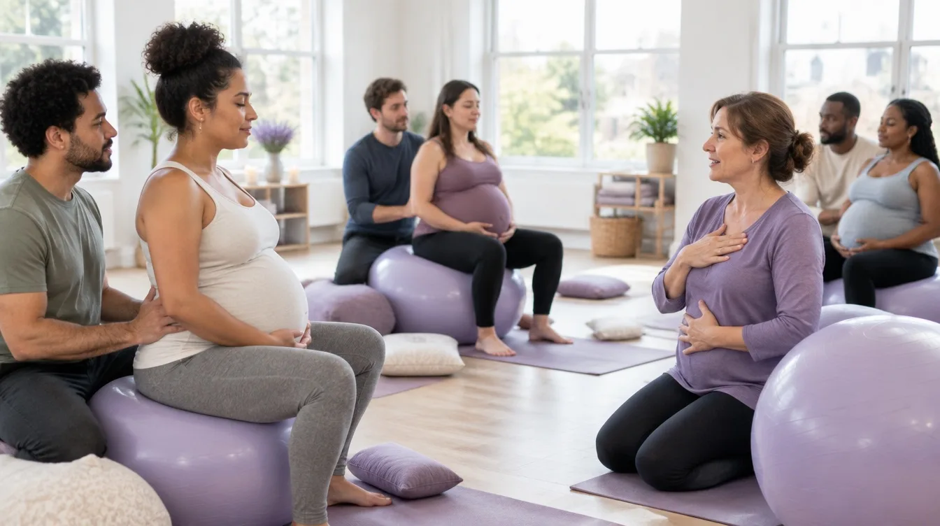 Expectant couples practicing breathing techniques on birthing balls in a Houston childbirth education class