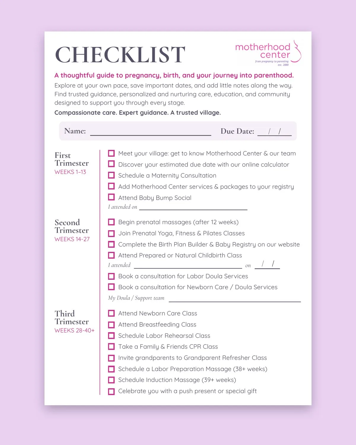 Front page of the Motherhood Center client checklist, with trimester-by-trimester checkboxes