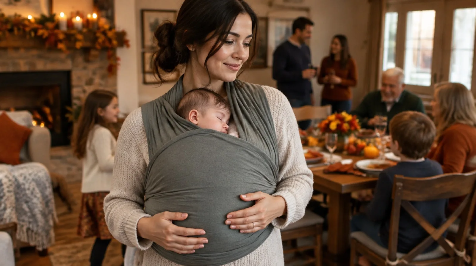 Mother wearing her sleeping newborn in a soft wrap carrier, baby’s face visible, at a family Thanksgiving gathering