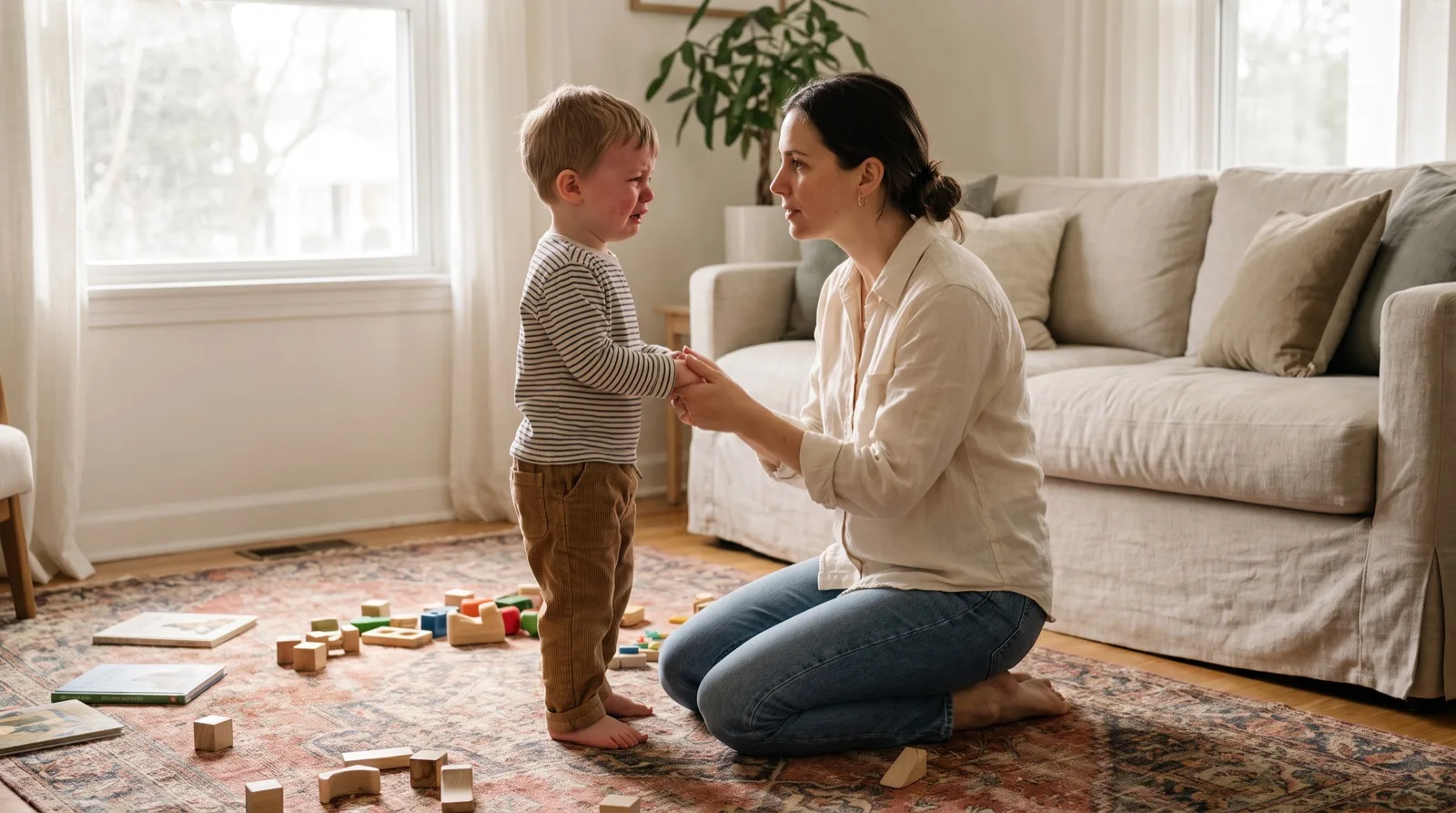 Mother kneeling at eye level with her crying toddler in a sunlit living room, calmly holding his hands