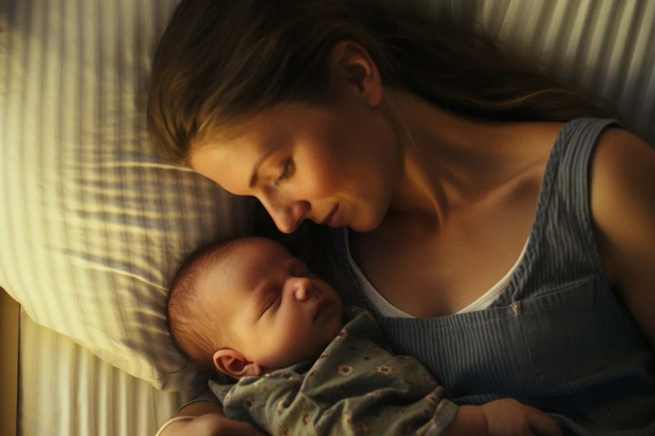 mother laying next to her baby skin-to-skin on the bed