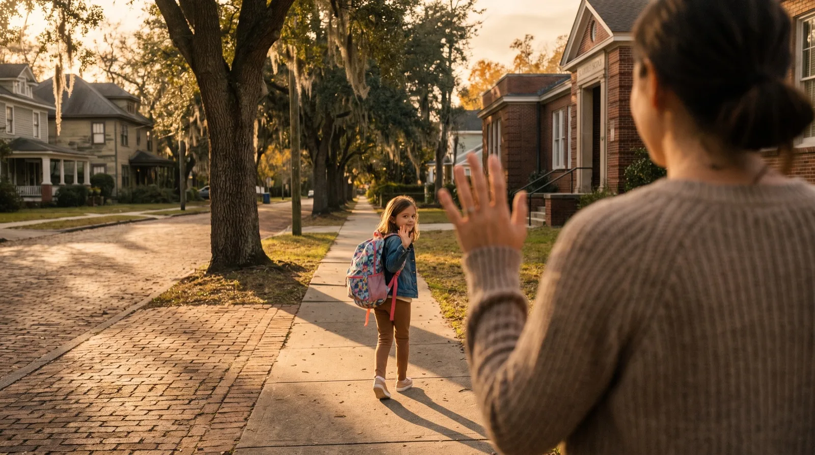 Mother waving from behind as her young daughter with a backpack walks ahead toward school on a tree-lined Houston sidewalk