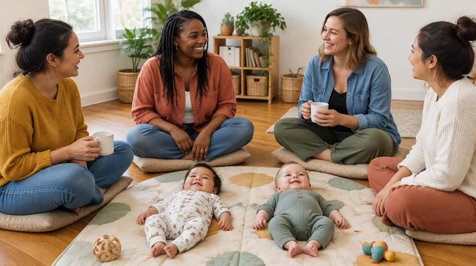 Diverse group of mothers sitting on floor cushions and chatting over coffee while two babies lie on a play mat in the middle of the circle