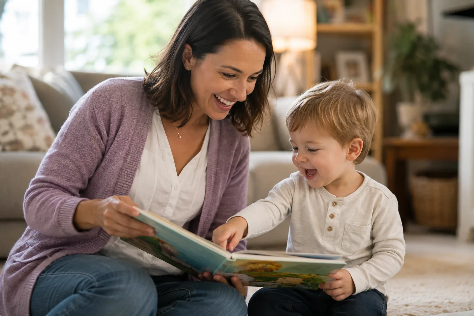 nanny with young boy reading