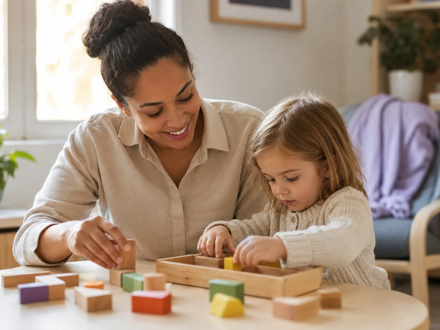 nanny with young girl playing