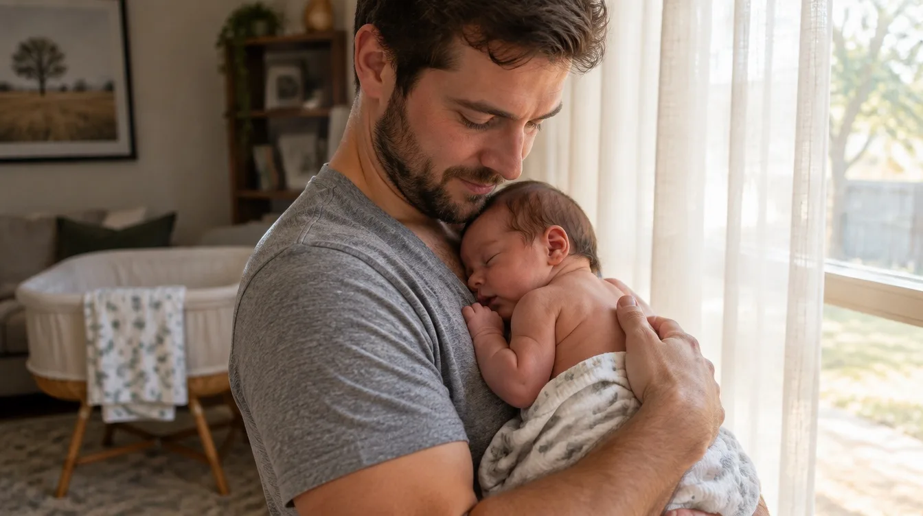 New father holding his sleeping newborn against his chest by a sunlit window at home