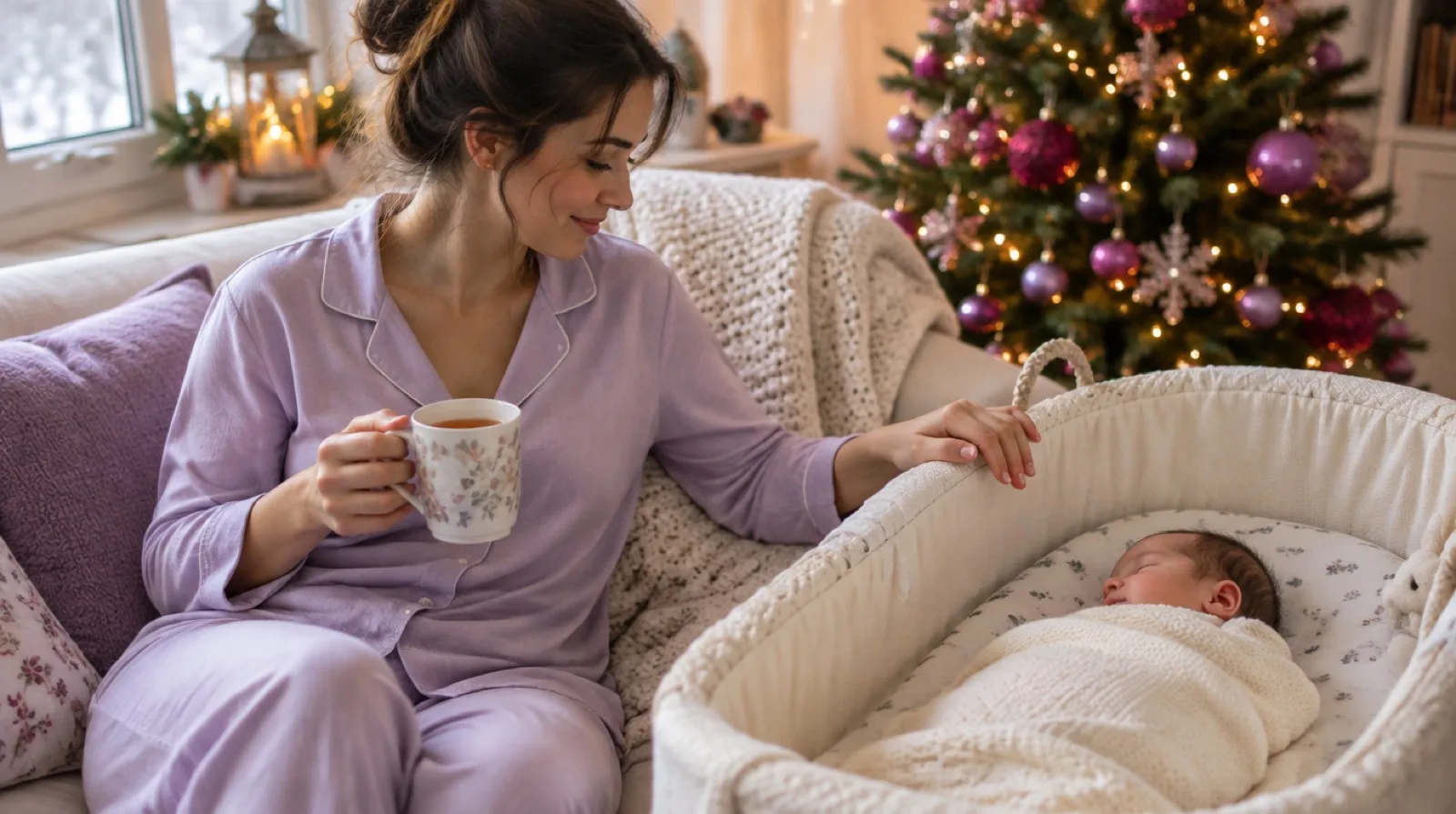 New mother in lavender pajamas sipping tea on the sofa and smiling at her swaddled newborn asleep in a bassinet beside a decorated holiday tree