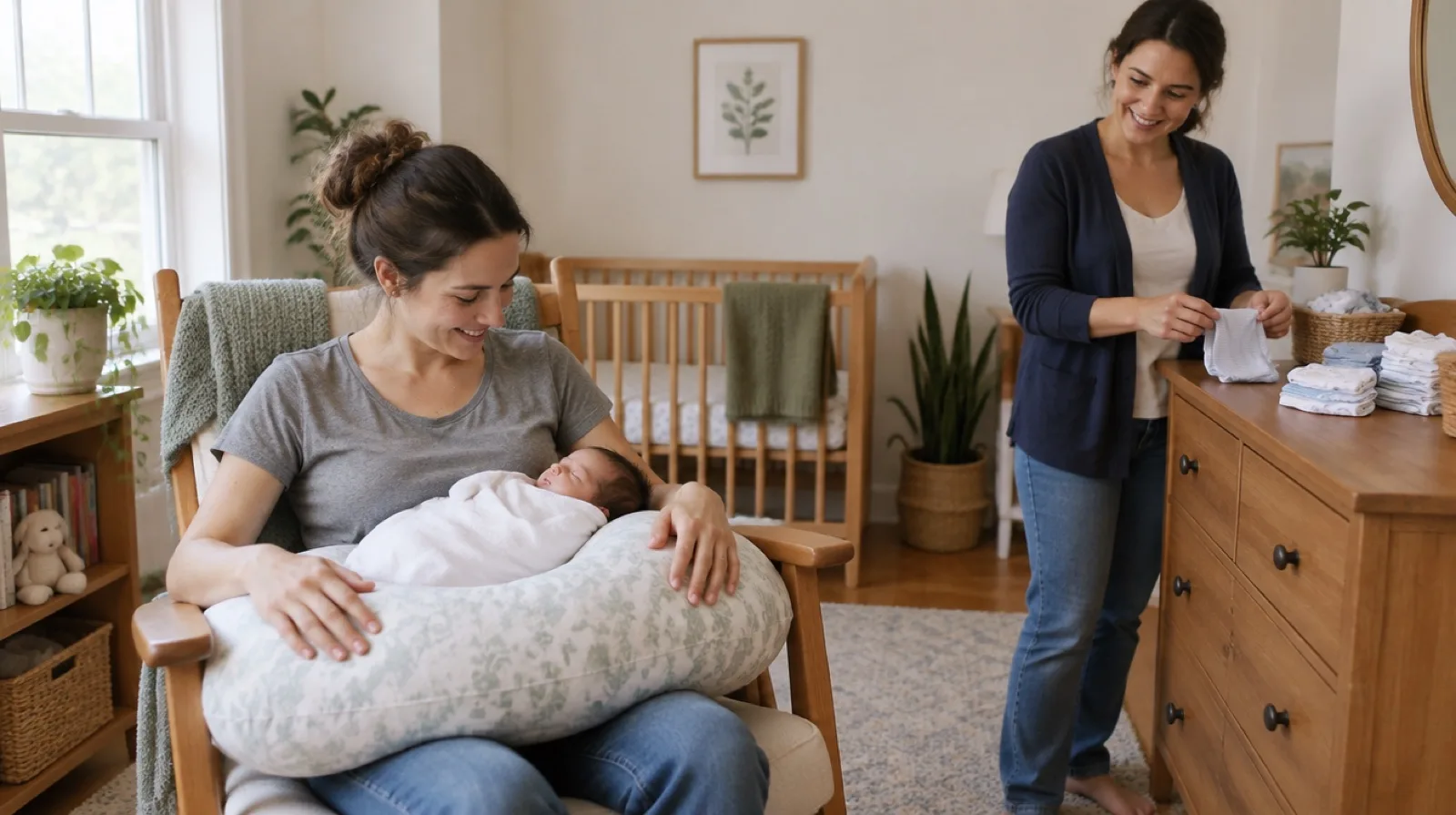 New mother smiling at her sleeping newborn on a nursing pillow while a postpartum doula folds baby clothes at the nursery dresser
