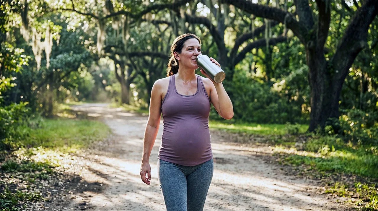 pregnant woman walking in summer