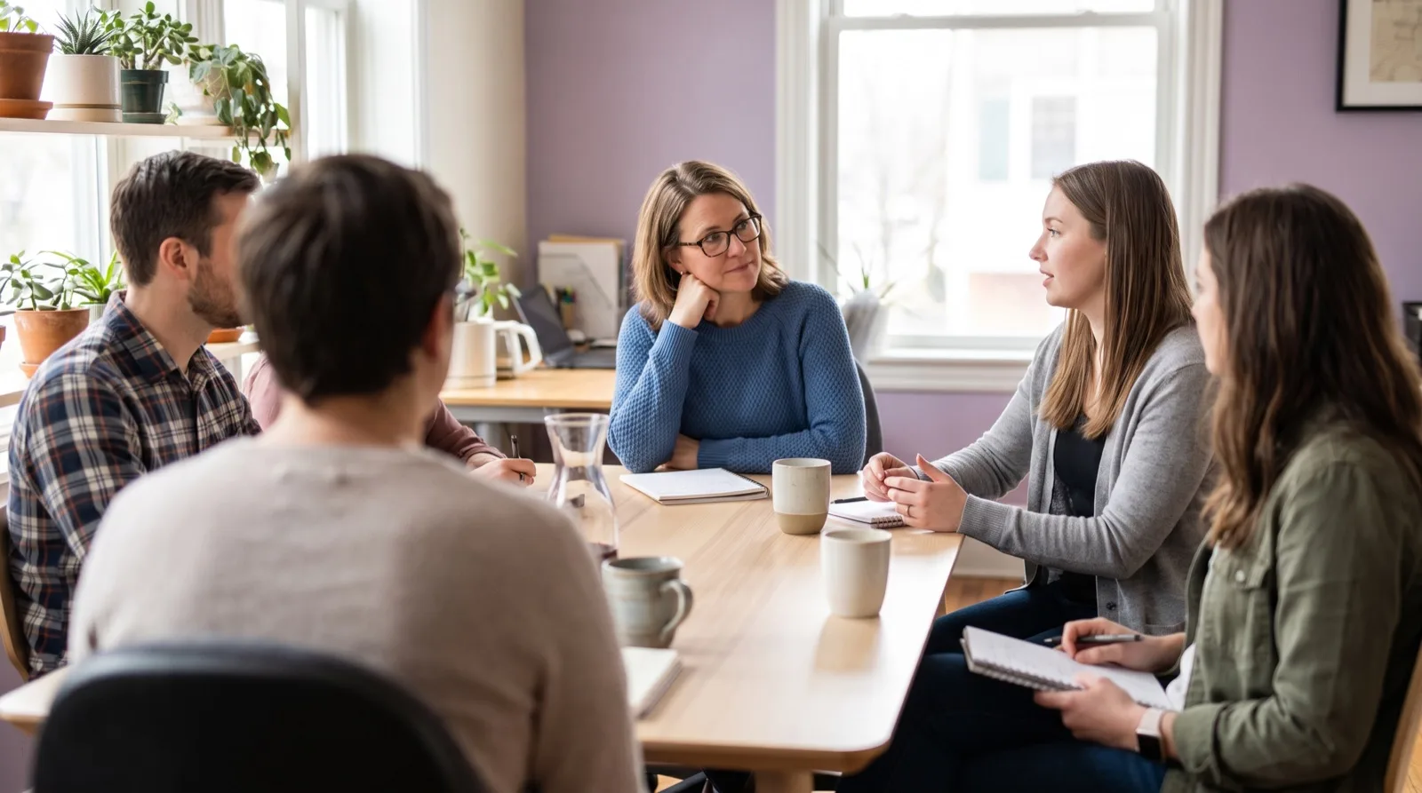 Woman leading a small team meeting, listening attentively to a colleague across a wood table in a plant-filled office