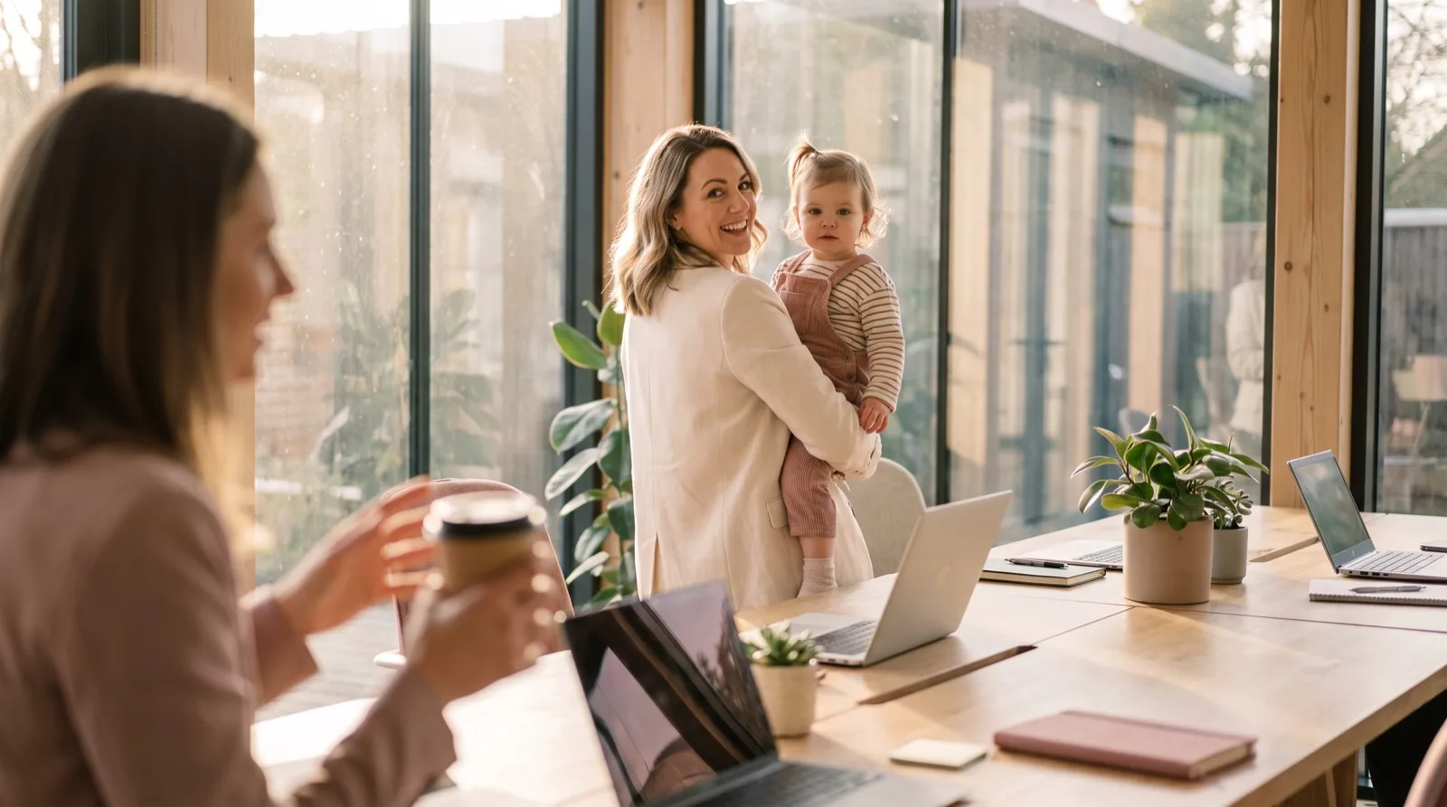 Working mother in a cream blazer holding her toddler on her hip while talking with a colleague in a bright Houston office